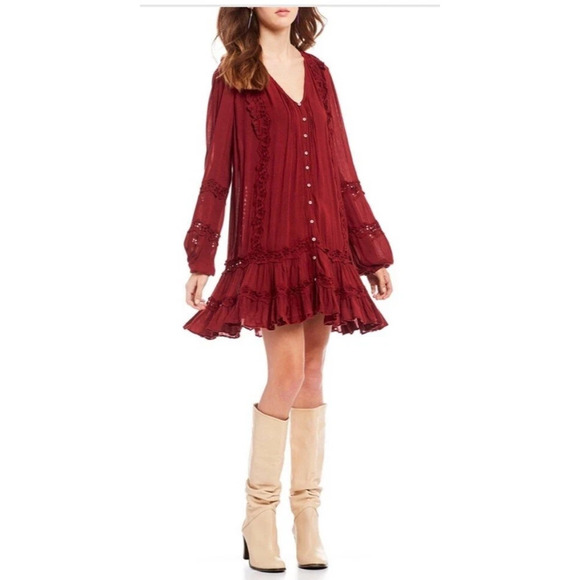 Free People Snow Angel Mini Dress XS Burgundy Feminine Boho Romantic Ethereal - Picture 15 of 15